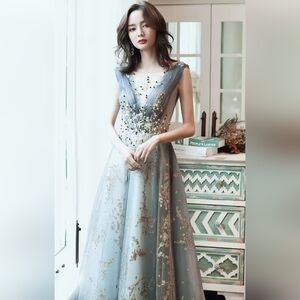 Blue, V Neck, Case Up, Ball Gown